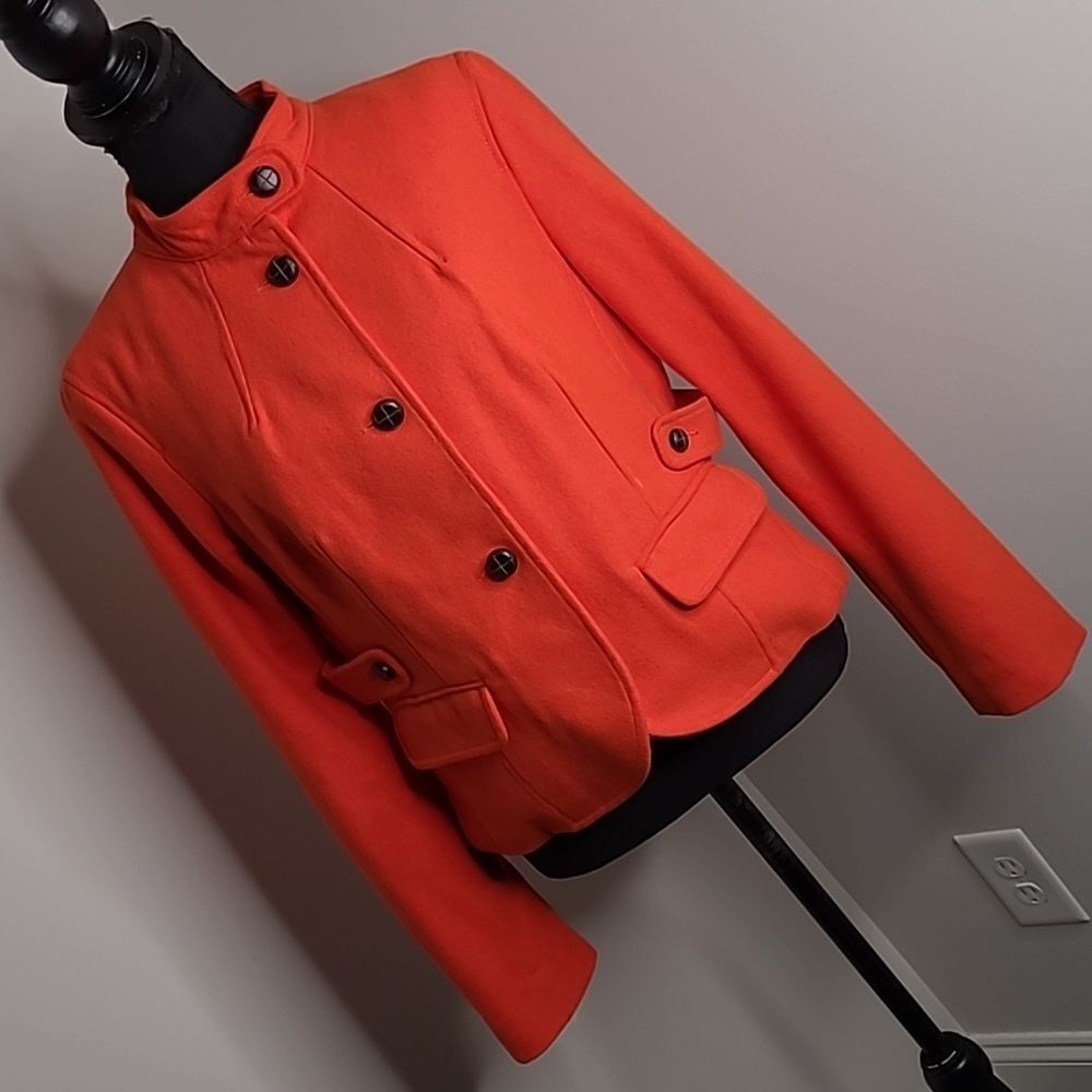 Old Navy button front coat, wool rayon blend, bright orange